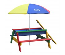 Vaikiškas medinis spalvotas iškylos stalas su skėčiu ir vandens bei smėlio dėžėmis | Axi A031.004.08